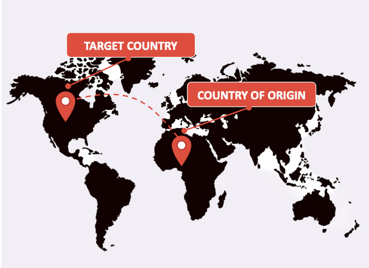 Map tracing a coordinated influence campaign from its country of origin to the target country